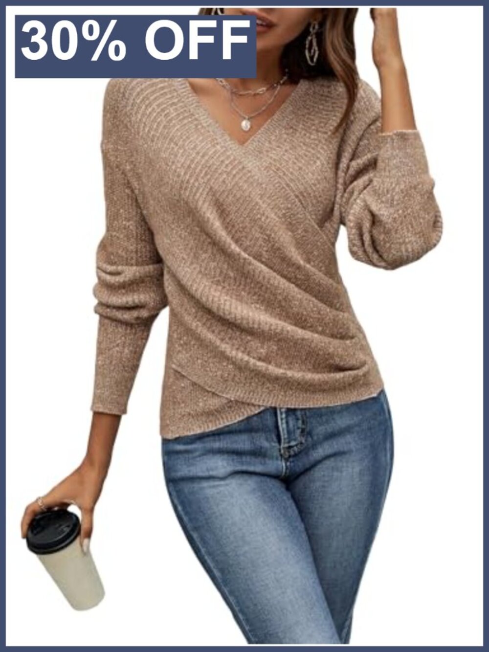 V-Neck Long Sleeve Off Shoulder Wrap Ruched Pullover Sweater Fall Top